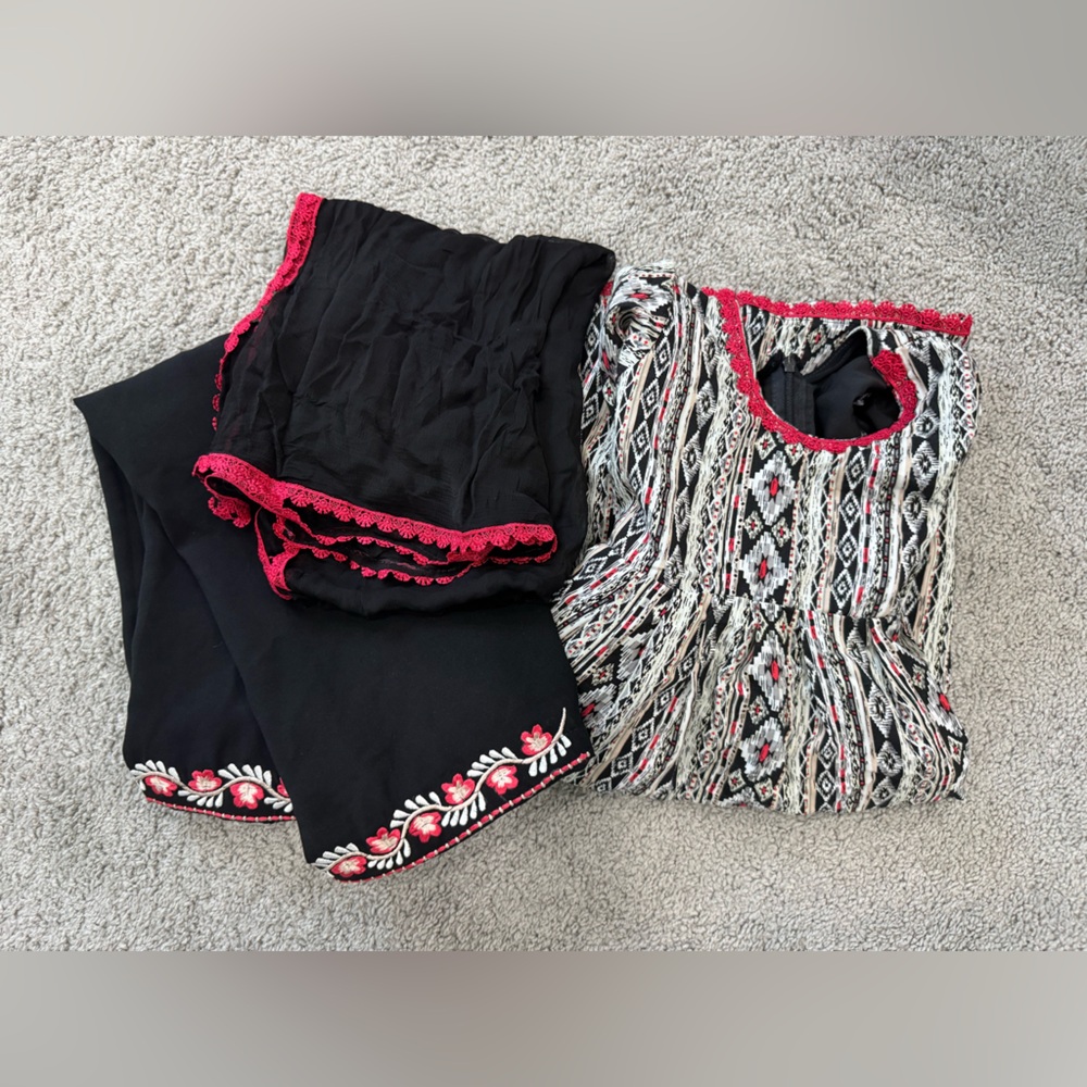 Black & White Embroidered Two-Piece Set with red Trim for kids (5-7 year old)